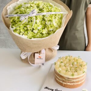 combo bó hoa cẩm tú cầu và bánh olong