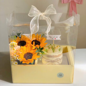set hoa hướng dương và bánh olong nhài nhãn
